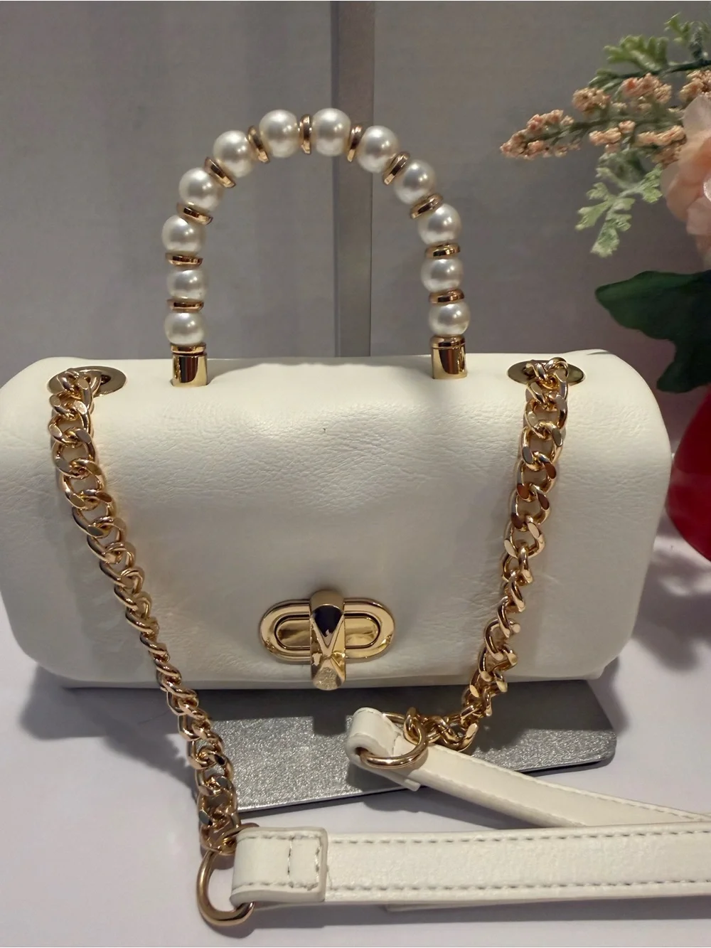 New INC Elegant White Pearl-Handle Vegan Crossbody Bag